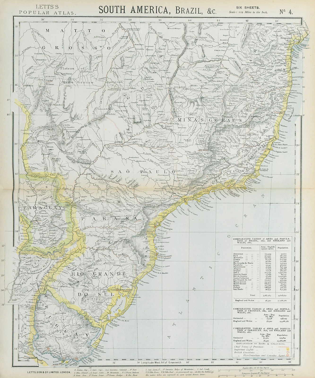 SOUTH BRAZIL URUGUAY. Lighthouses. Bahia Minas Gerais Sao Paolo. LETTS 1883 map